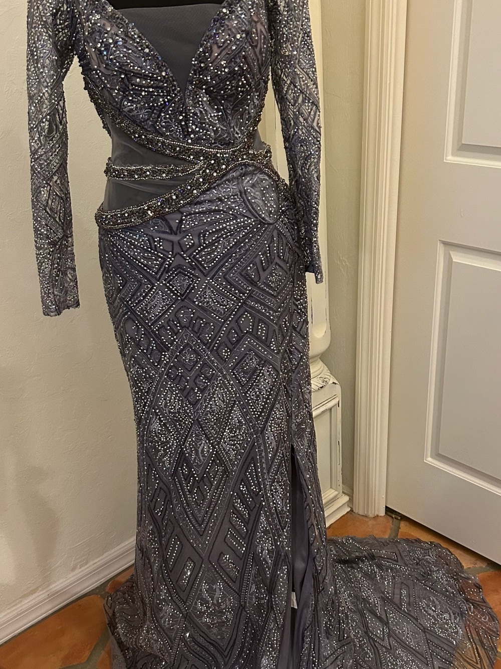 Long-Sleeve Beaded Evening Gown - Gray